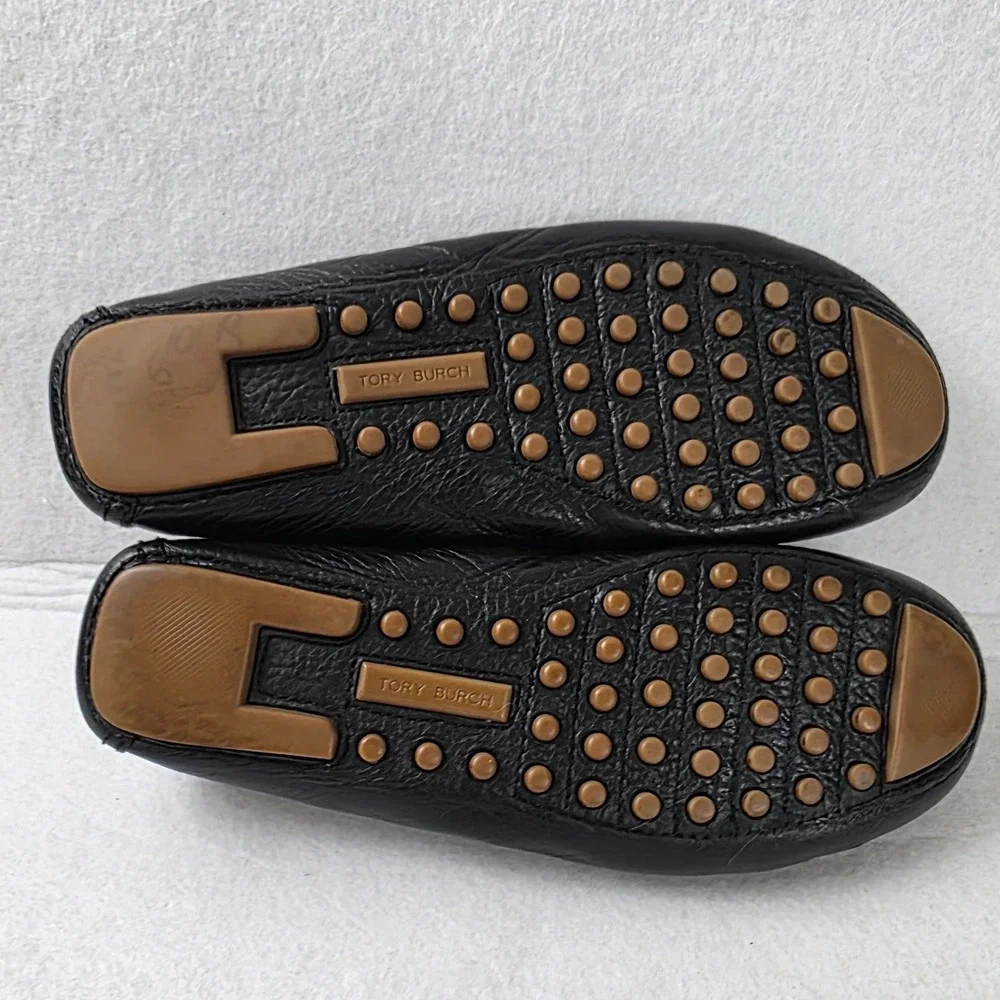 Tory Burch Ines Driver Black Pebbled Leather Loafers Tonal Logo 55810 Size 6M